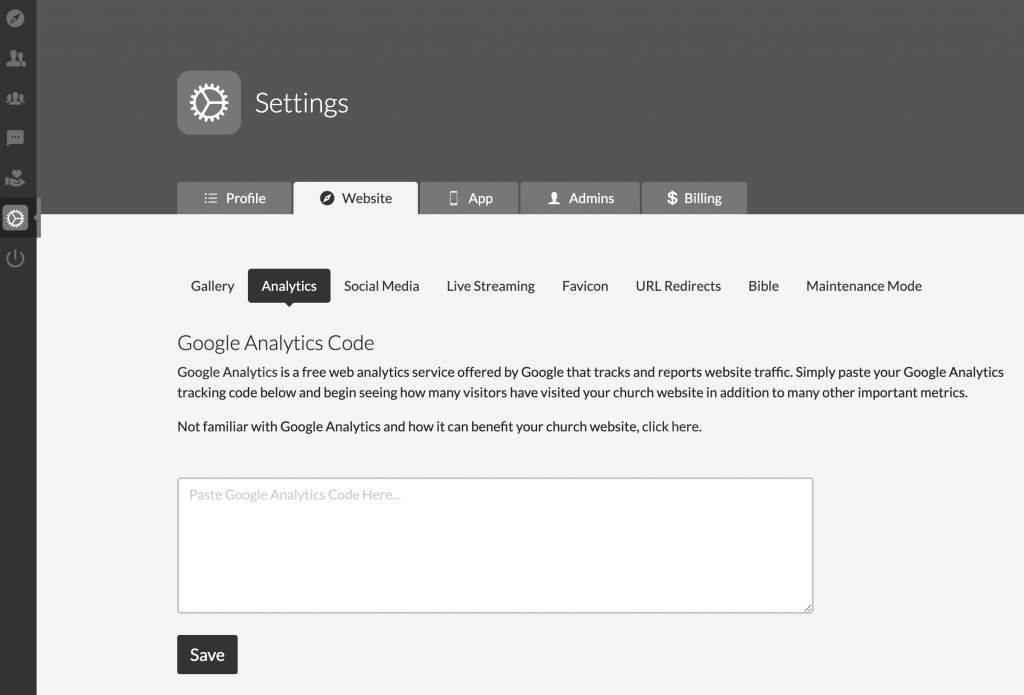 google analytics code integration on a ChurchSpring website