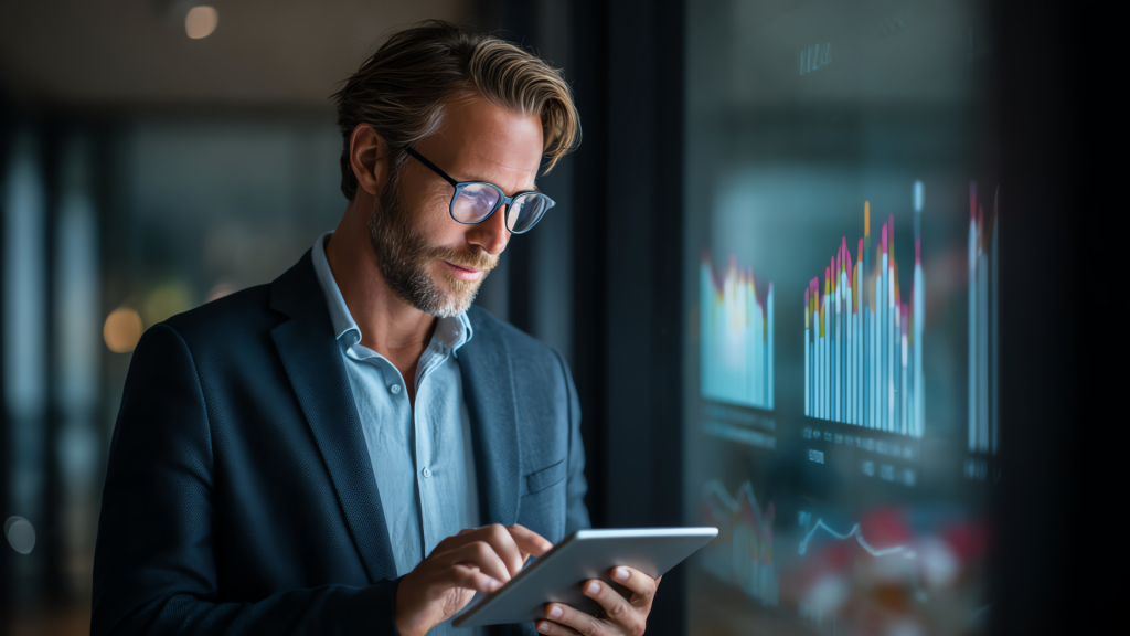 man using tablet to monitor performance metrics