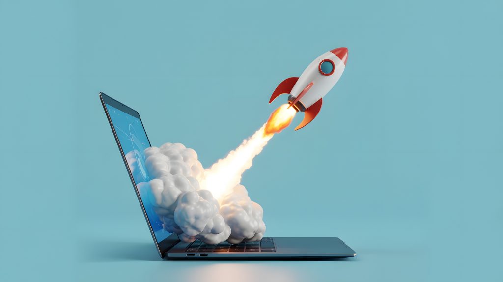 Rocket ship coming out of a laptop to represent growth