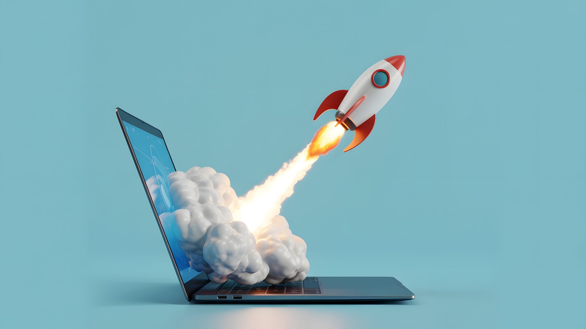 Rocket ship coming out of a laptop to represent growth